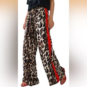 Leopard Print Wide-Leg Pants with Red Stripe